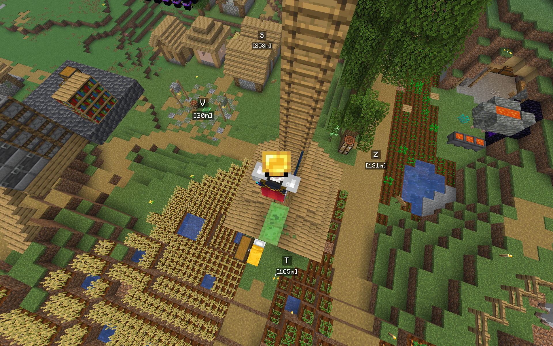 Overhead view of a Minecraft village and farms