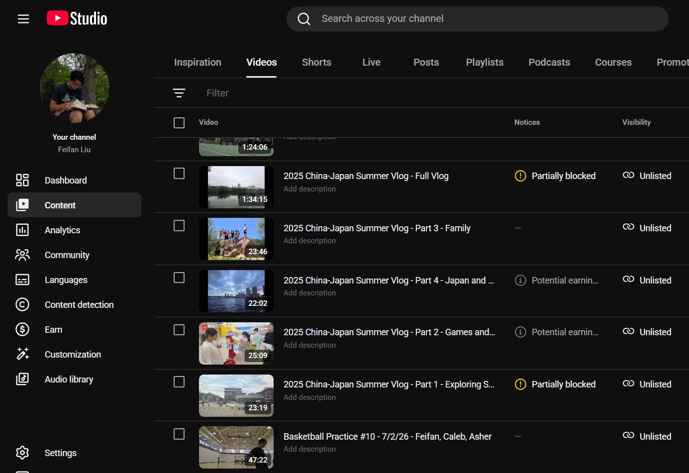 YouTube Studio content page listing my uploads